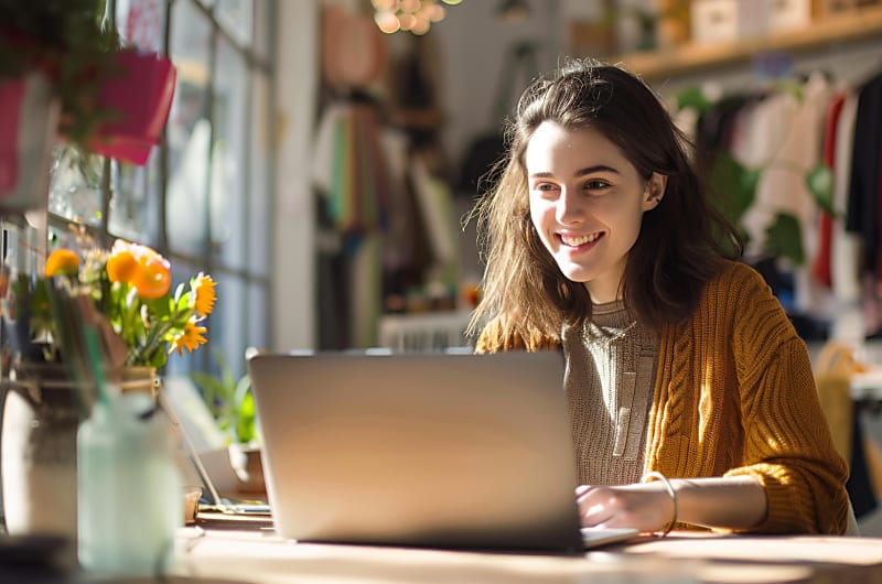 Uma mulher a sorrir enquanto utiliza um computador.