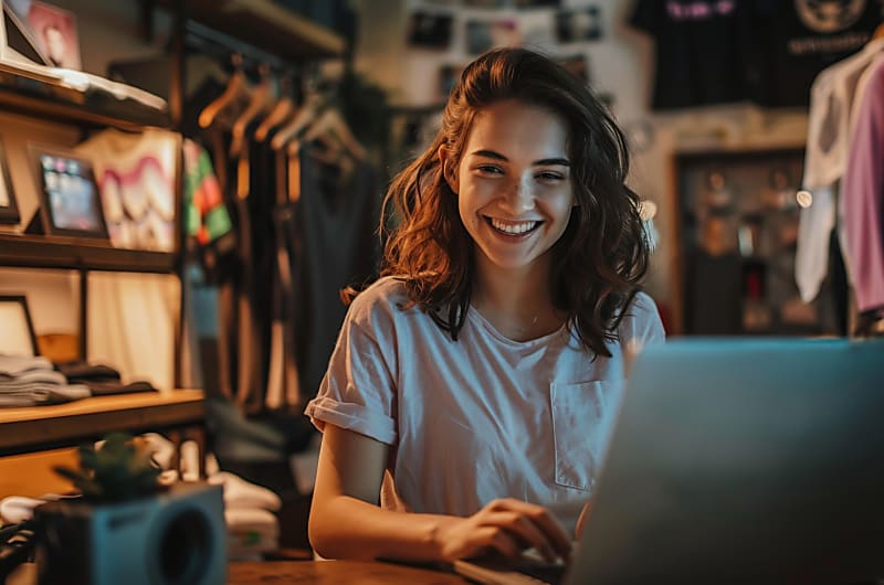 Mulher a utilizar um computador, a sorrir.